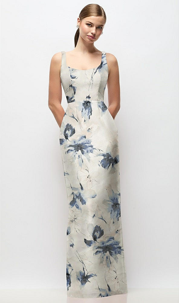 Front View - Inkwash Blue Floral Scoop Neck Floral Satin Column Maxi Dress
