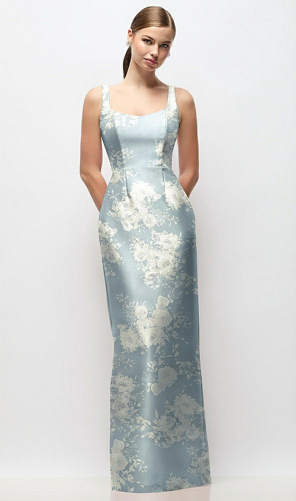 Front View - Porcelain Blue Seraphina Floral Scoop Neck Floral Satin Column Maxi Dress