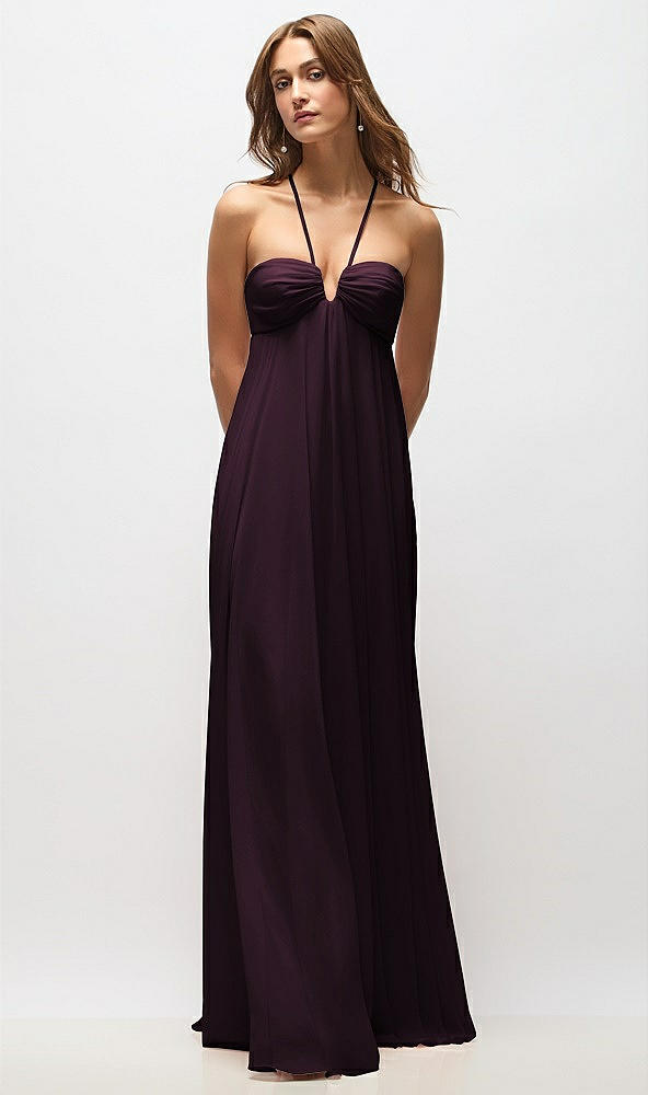 Back View - Deep Plum Empire Waist Chiffon Halter Maxi Dress with Convertible Spaghetti Straps