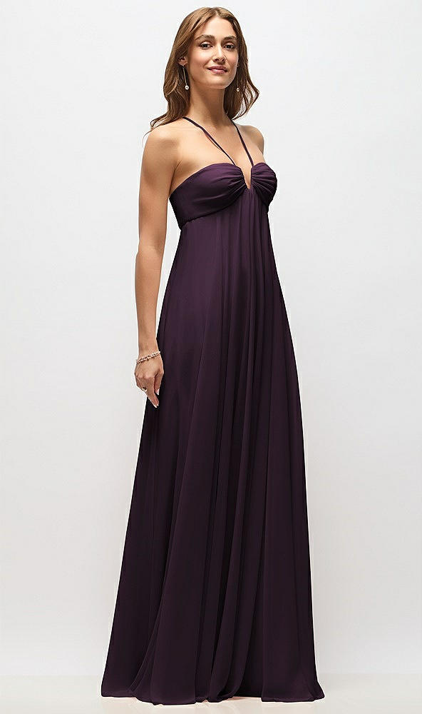 Front View - Aubergine Empire Waist Chiffon Halter Maxi Dress with Convertible Spaghetti Straps