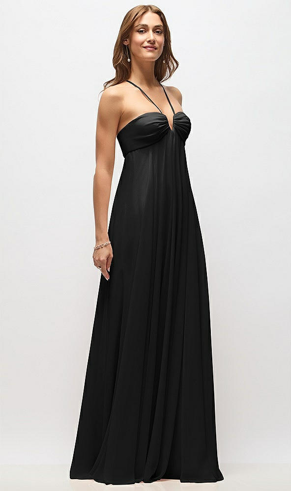 Front View - Black Empire Waist Chiffon Halter Maxi Dress with Convertible Spaghetti Straps