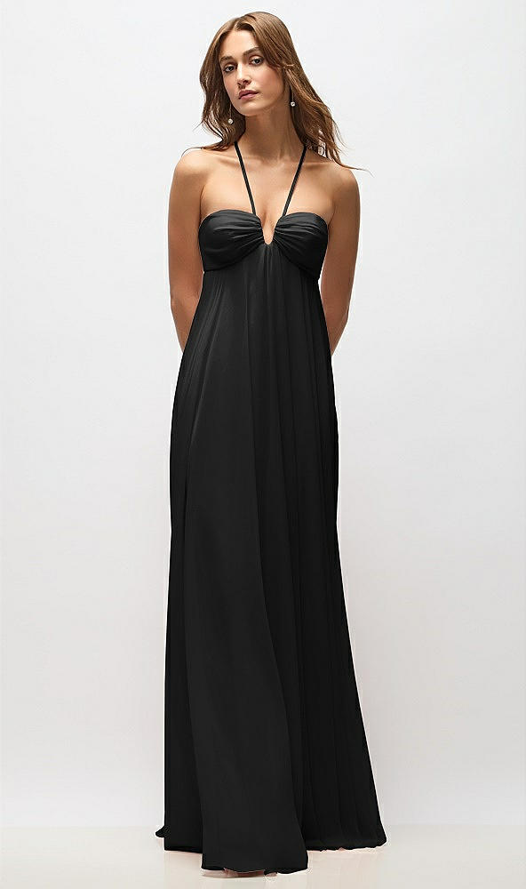 Back View - Black Empire Waist Chiffon Halter Maxi Dress with Convertible Spaghetti Straps