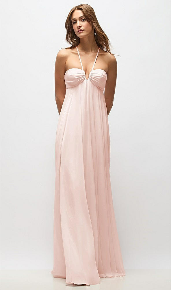 Back View - Blush Empire Waist Chiffon Halter Maxi Dress with Convertible Spaghetti Straps
