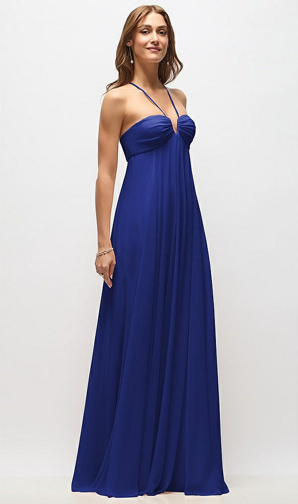 Front View - Cobalt Blue Empire Waist Chiffon Halter Maxi Dress with Convertible Spaghetti Straps