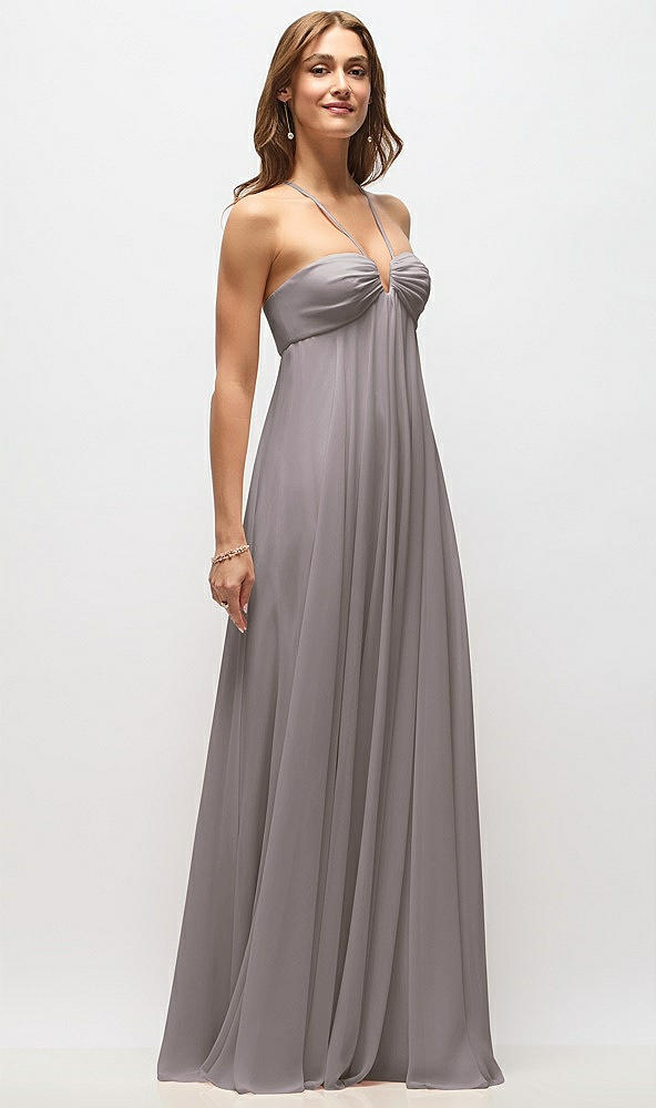 Front View - Cashmere Gray Empire Waist Chiffon Halter Maxi Dress with Convertible Spaghetti Straps