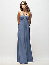Rear View Thumbnail - Larkspur Blue Empire Waist Chiffon Halter Maxi Dress with Convertible Spaghetti Straps