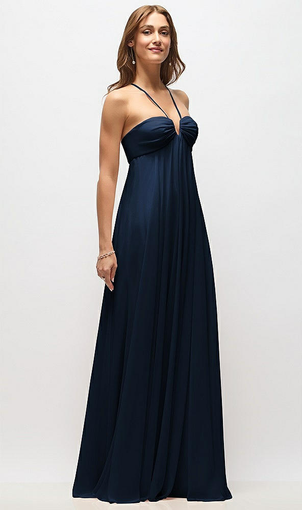 Front View - Midnight Navy Empire Waist Chiffon Halter Maxi Dress with Convertible Spaghetti Straps