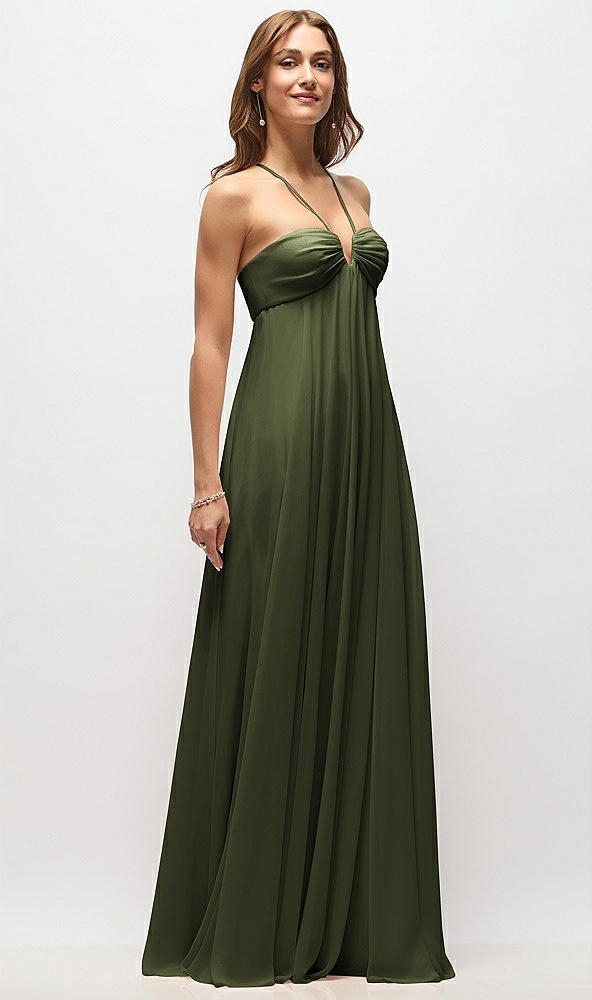 Front View - Olive Green Empire Waist Chiffon Halter Maxi Dress with Convertible Spaghetti Straps