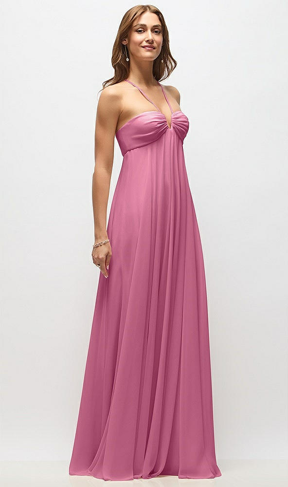 Front View - Orchid Pink Empire Waist Chiffon Halter Maxi Dress with Convertible Spaghetti Straps