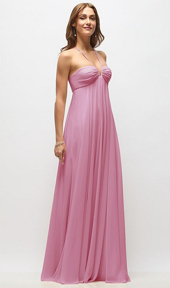Front View - Powder Pink Empire Waist Chiffon Halter Maxi Dress with Convertible Spaghetti Straps