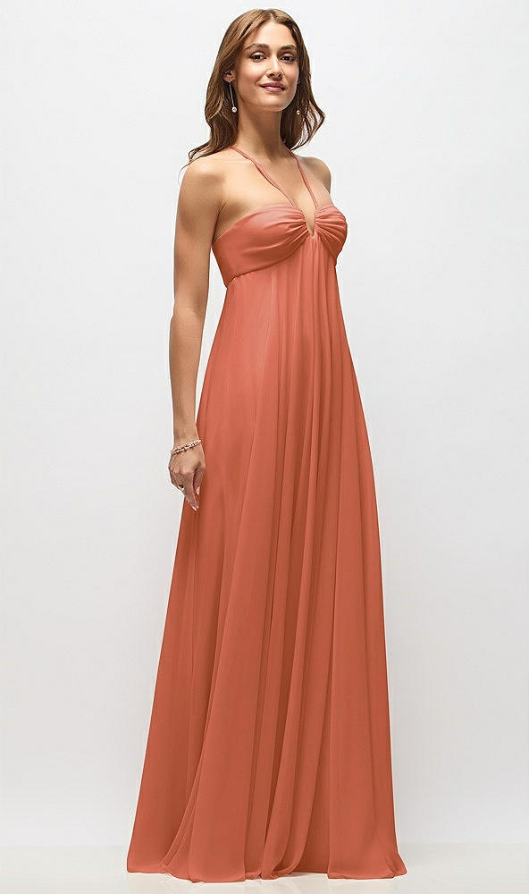 Front View - Terracotta Copper Empire Waist Chiffon Halter Maxi Dress with Convertible Spaghetti Straps