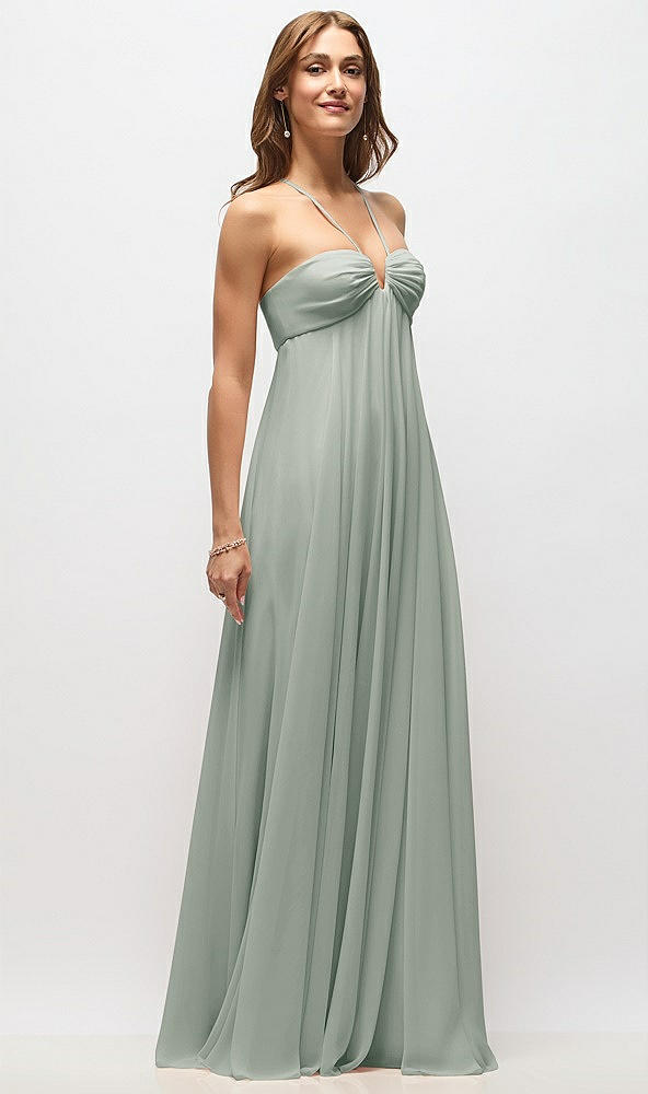 Front View - Willow Green Empire Waist Chiffon Halter Maxi Dress with Convertible Spaghetti Straps