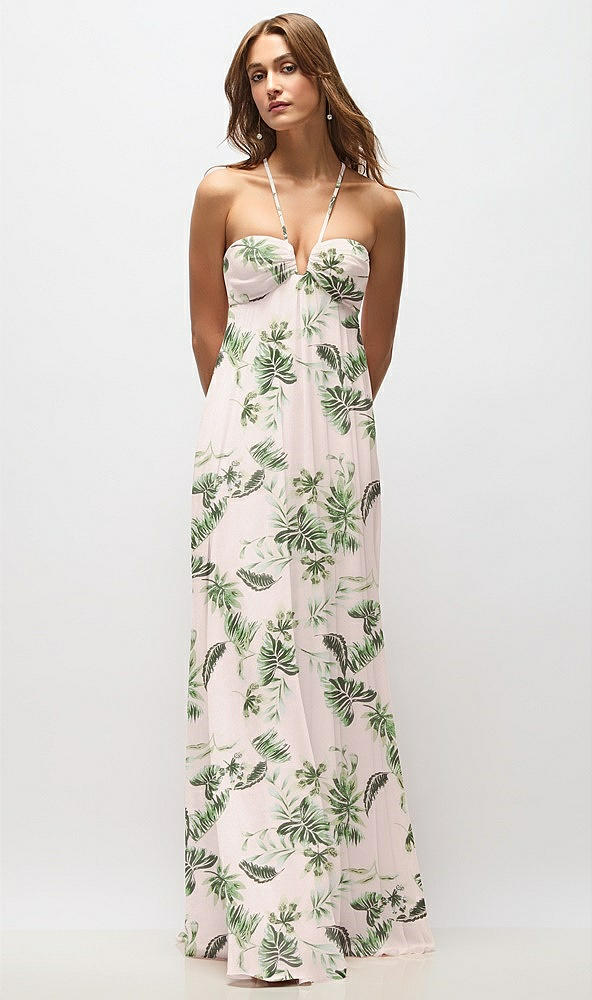 Front View - Palm Beach Print Empire Waist Floral Chiffon Halter Maxi Dress with Convertible Spaghetti Straps