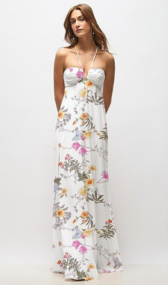 Front View - Butterfly Botanica Ivory Empire Waist Floral Chiffon Halter Maxi Dress with Convertible Spaghetti Straps