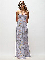 Front View Thumbnail - Butterfly Botanica Silver Dove Empire Waist Floral Chiffon Halter Maxi Dress with Convertible Spaghetti Straps