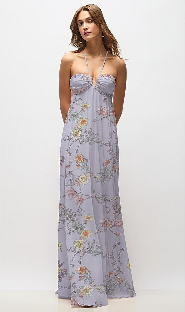 Front View - Butterfly Botanica Silver Dove Empire Waist Floral Chiffon Halter Maxi Dress with Convertible Spaghetti Straps