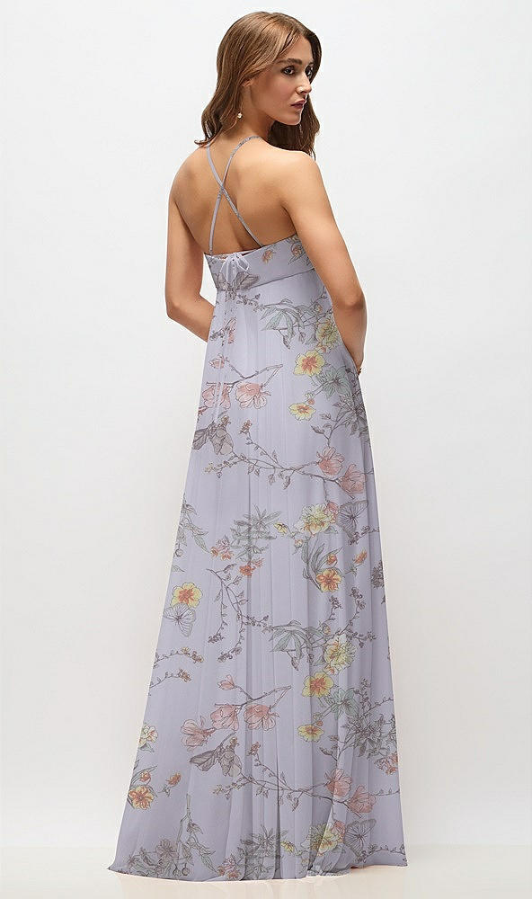 Back View - Butterfly Botanica Silver Dove Empire Waist Floral Chiffon Halter Maxi Dress with Convertible Spaghetti Straps