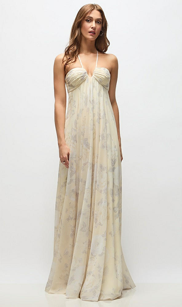 Front View - Butter Yellow Floral Empire Waist Floral Chiffon Halter Maxi Dress with Convertible Spaghetti Straps