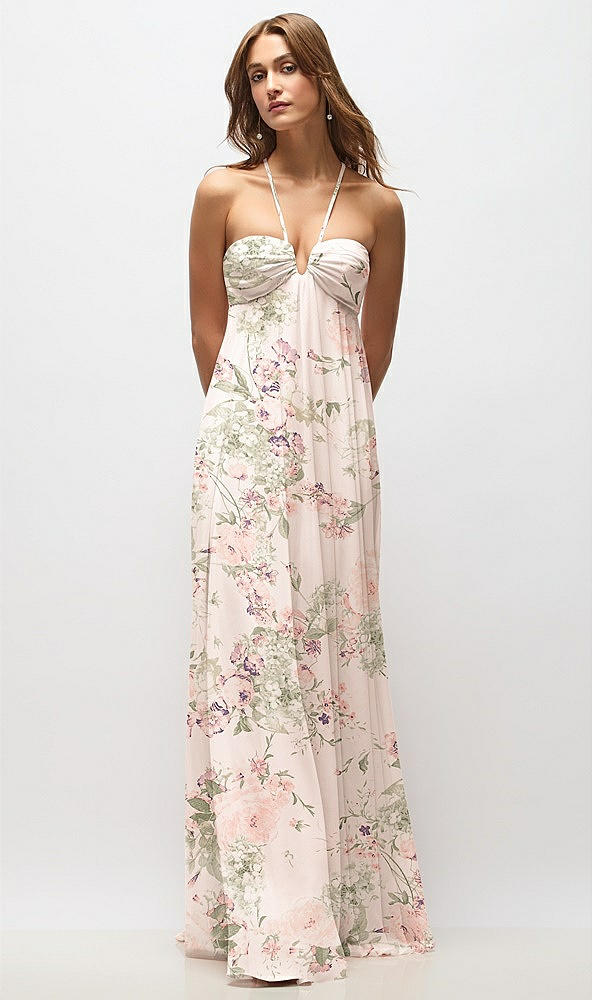 Front View - Blush Garden Empire Waist Floral Chiffon Halter Maxi Dress with Convertible Spaghetti Straps