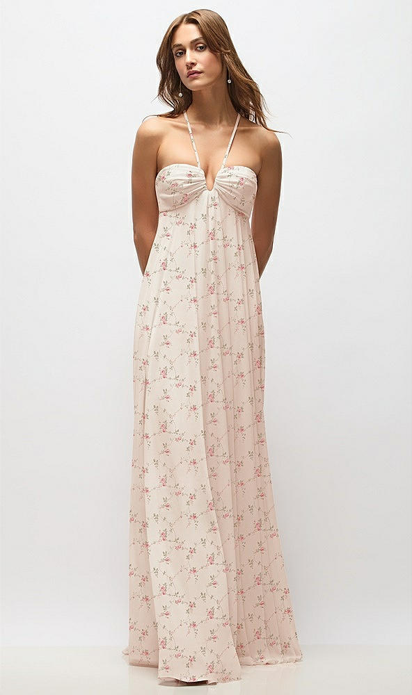 Front View - Coquette Floral Print Empire Waist Floral Chiffon Halter Maxi Dress with Convertible Spaghetti Straps
