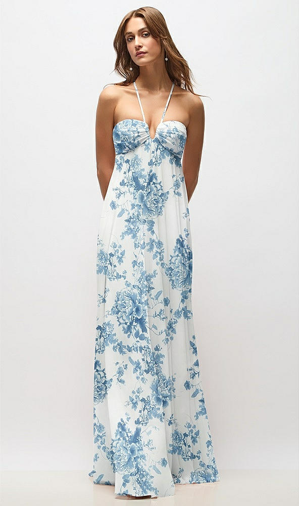 Front View - Cottage Rose Dusk Blue Empire Waist Floral Chiffon Halter Maxi Dress with Convertible Spaghetti Straps