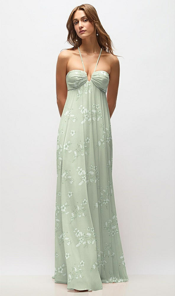 Front View - Vintage Primrose Sage Empire Waist Floral Chiffon Halter Maxi Dress with Convertible Spaghetti Straps
