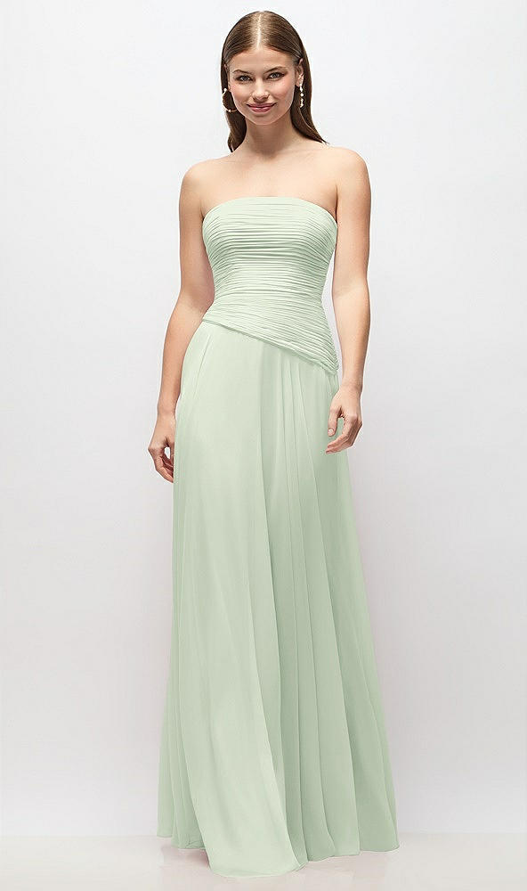 Front View - Mint Green Strapless Chiffon Maxi Dress with Asymmetrical Ruched Drop Waist