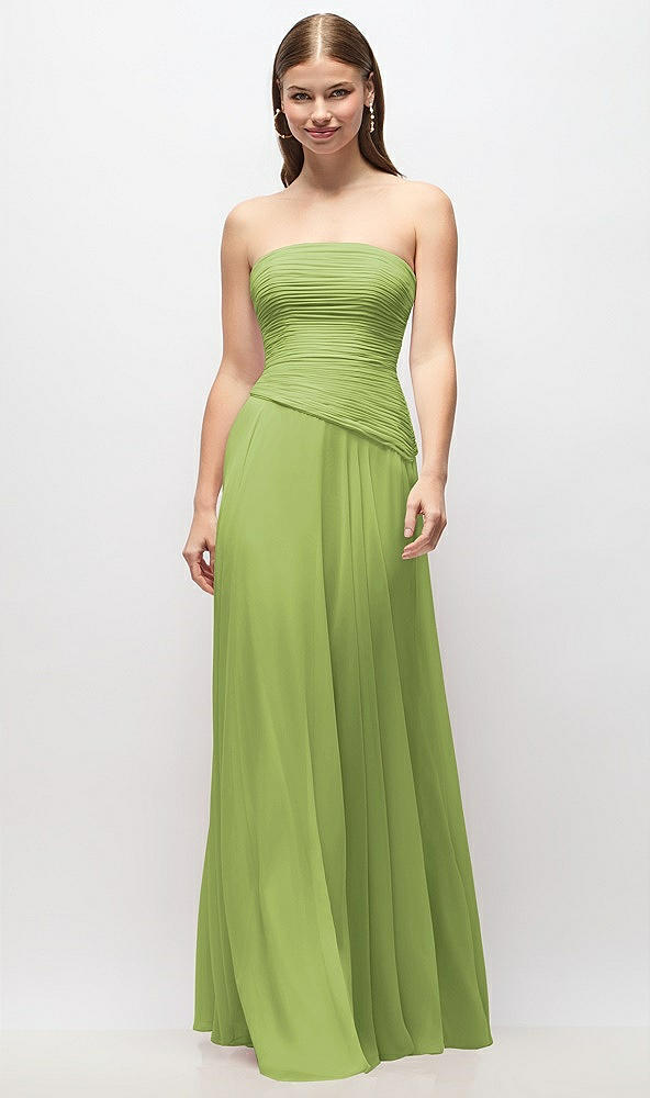 Front View - Mojito Strapless Chiffon Maxi Dress with Asymmetrical Ruched Drop Waist