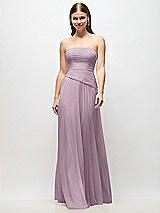 Front View Thumbnail - Suede Rose Strapless Chiffon Maxi Dress with Asymmetrical Ruched Drop Waist