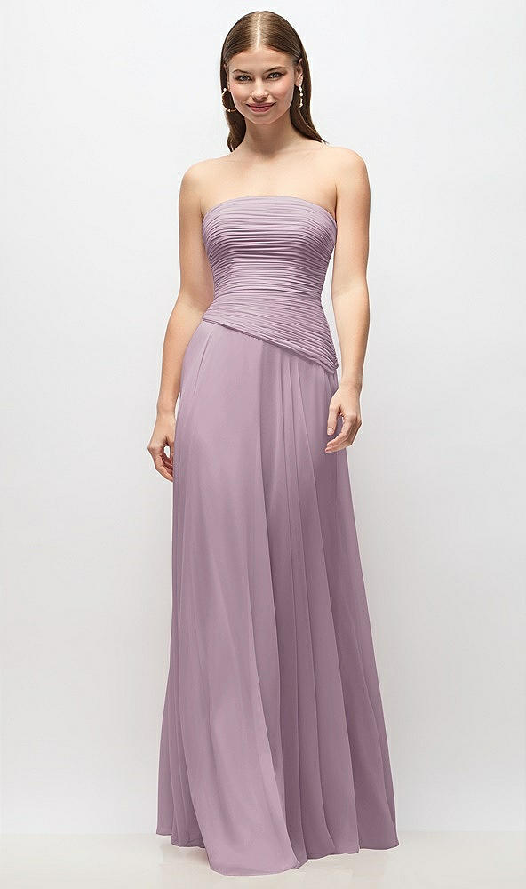 Front View - Suede Rose Strapless Chiffon Maxi Dress with Asymmetrical Ruched Drop Waist