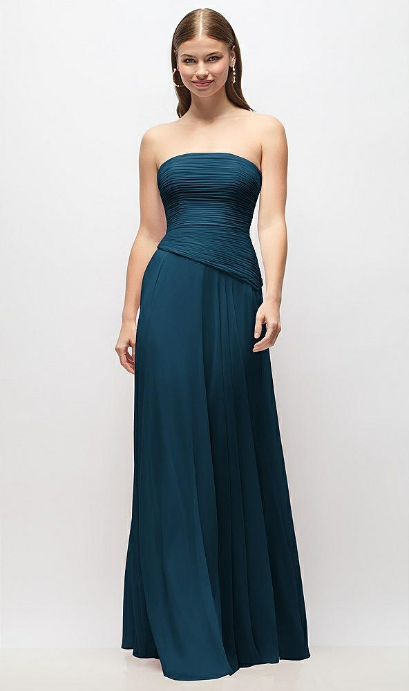 Front View - Atlantic Blue Strapless Chiffon Maxi Dress with Asymmetrical Ruched Drop Waist