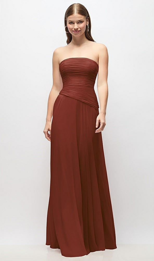 Front View - Auburn Moon Strapless Chiffon Maxi Dress with Asymmetrical Ruched Drop Waist