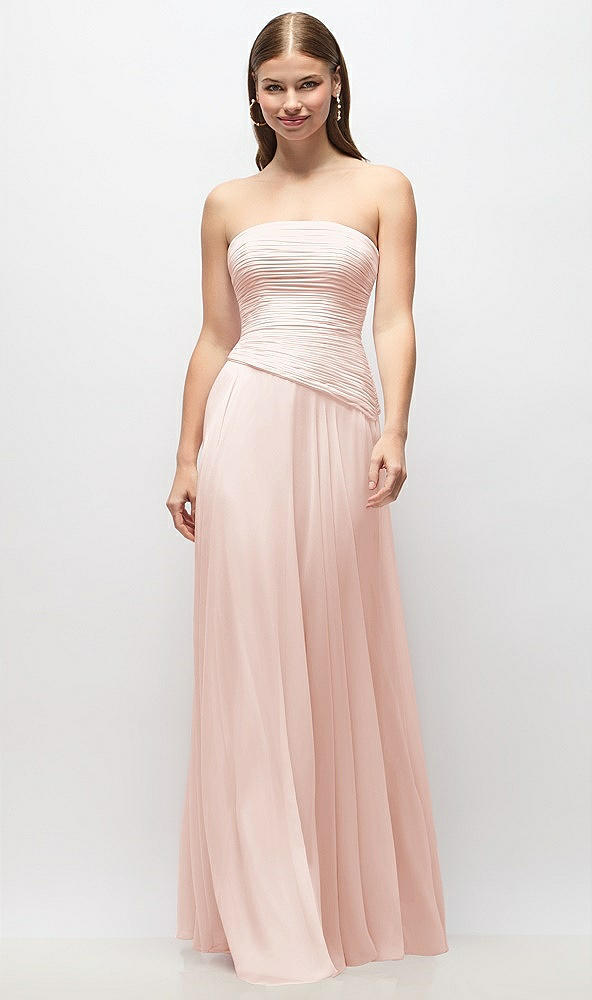 Front View - Blush Strapless Chiffon Maxi Dress with Asymmetrical Ruched Drop Waist