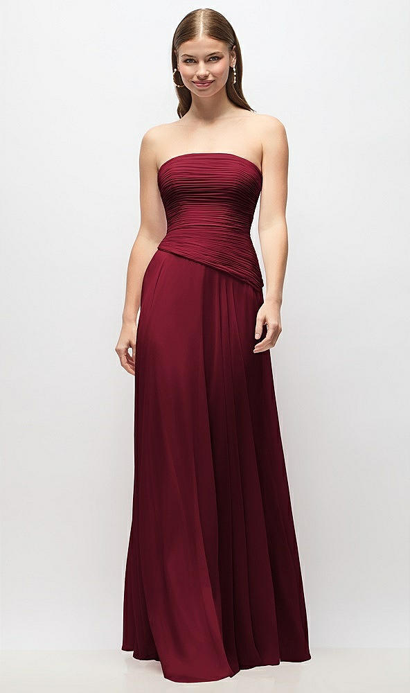 Front View - Burgundy Strapless Chiffon Maxi Dress with Asymmetrical Ruched Drop Waist