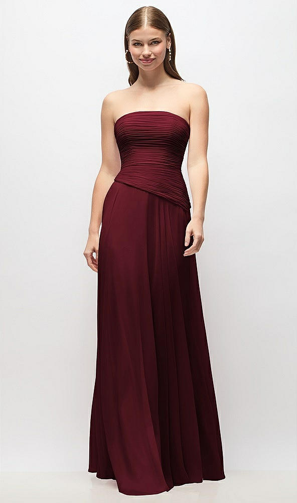 Front View - Cabernet Strapless Chiffon Maxi Dress with Asymmetrical Ruched Drop Waist