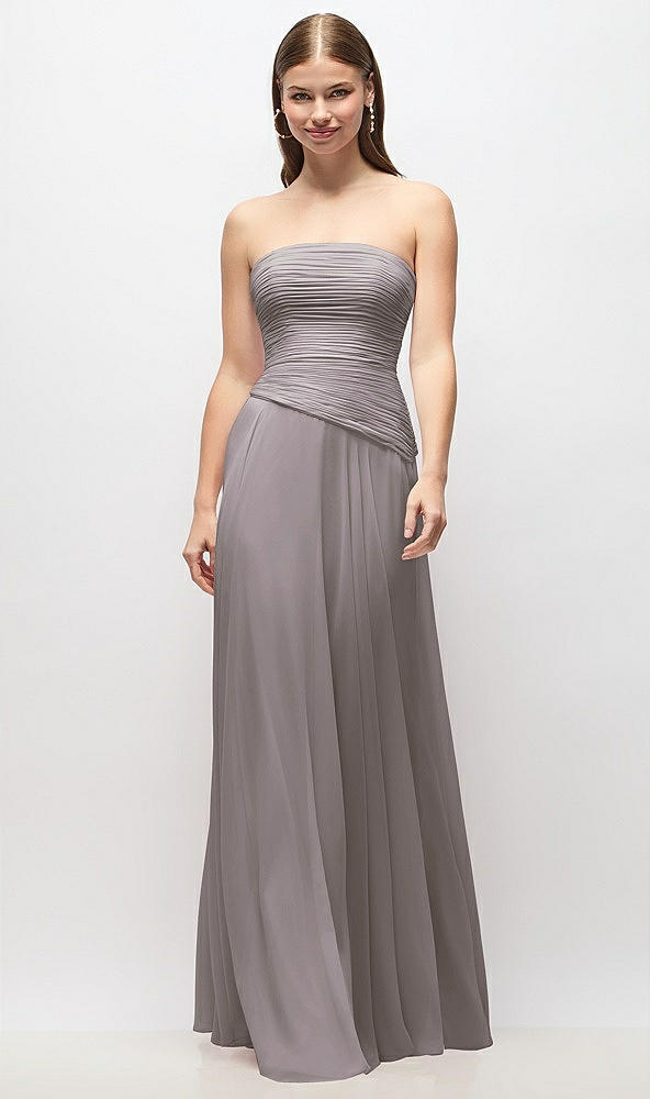 Front View - Cashmere Gray Strapless Chiffon Maxi Dress with Asymmetrical Ruched Drop Waist