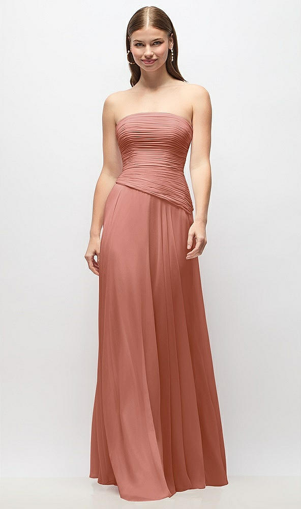 Front View - Desert Rose Strapless Chiffon Maxi Dress with Asymmetrical Ruched Drop Waist