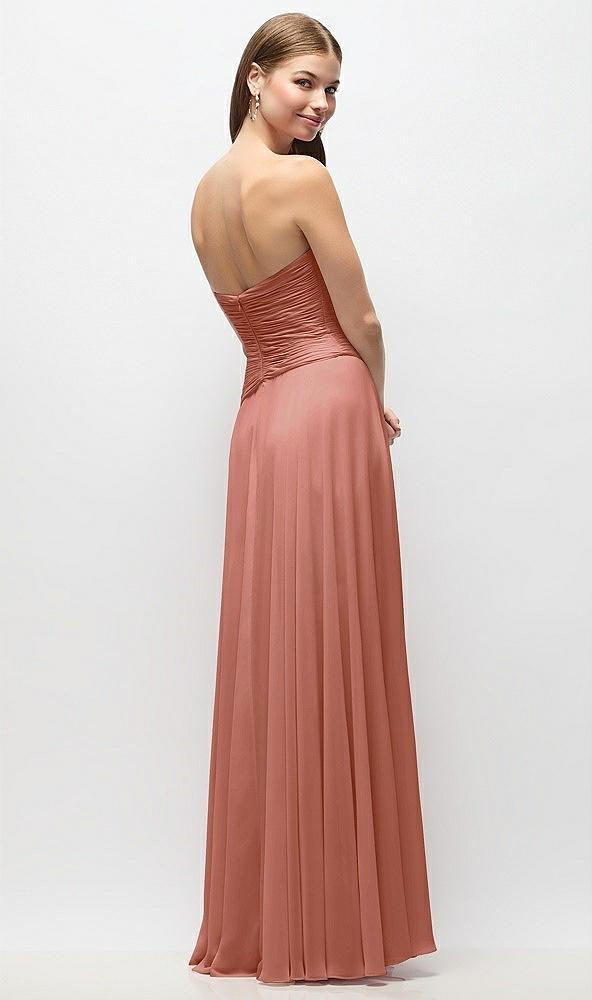 Back View - Desert Rose Strapless Chiffon Maxi Dress with Asymmetrical Ruched Drop Waist