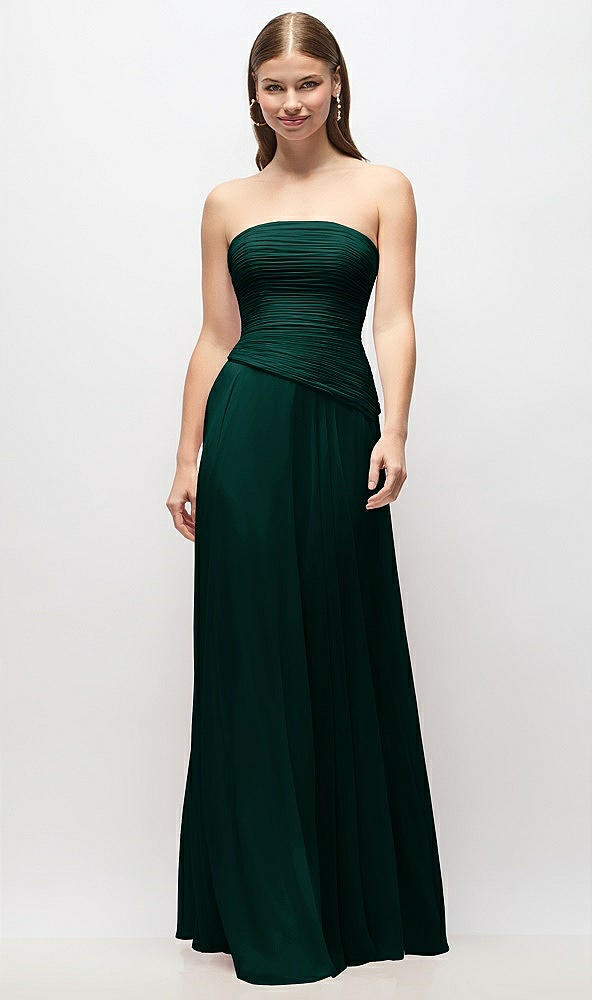 Front View - Evergreen Strapless Chiffon Maxi Dress with Asymmetrical Ruched Drop Waist