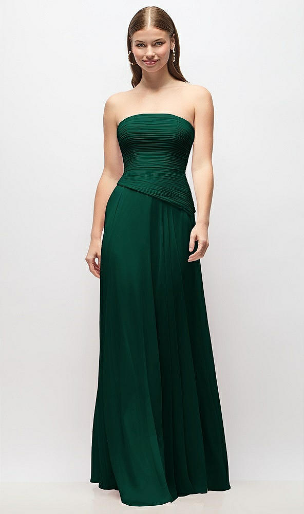 Front View - Hunter Green Strapless Chiffon Maxi Dress with Asymmetrical Ruched Drop Waist