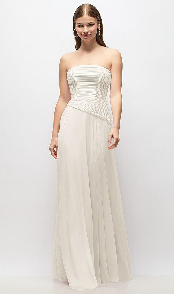 Front View - Ivory Strapless Chiffon Maxi Dress with Asymmetrical Ruched Drop Waist