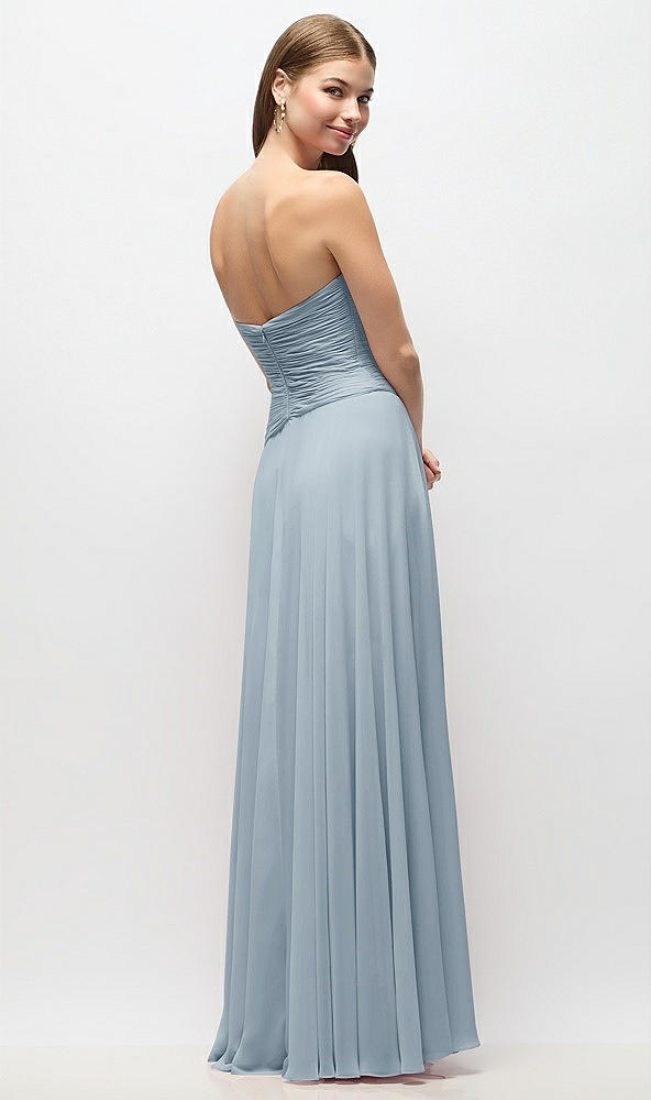 Back View - Mist Strapless Chiffon Maxi Dress with Asymmetrical Ruched Drop Waist