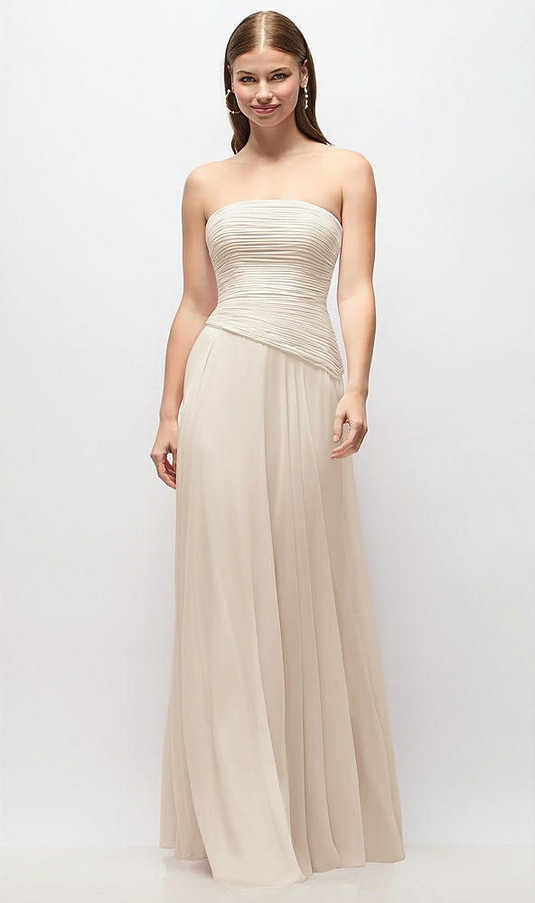 Front View - Oat Strapless Chiffon Maxi Dress with Asymmetrical Ruched Drop Waist