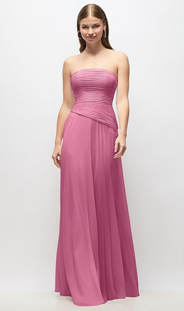 Front View - Orchid Pink Strapless Chiffon Maxi Dress with Asymmetrical Ruched Drop Waist
