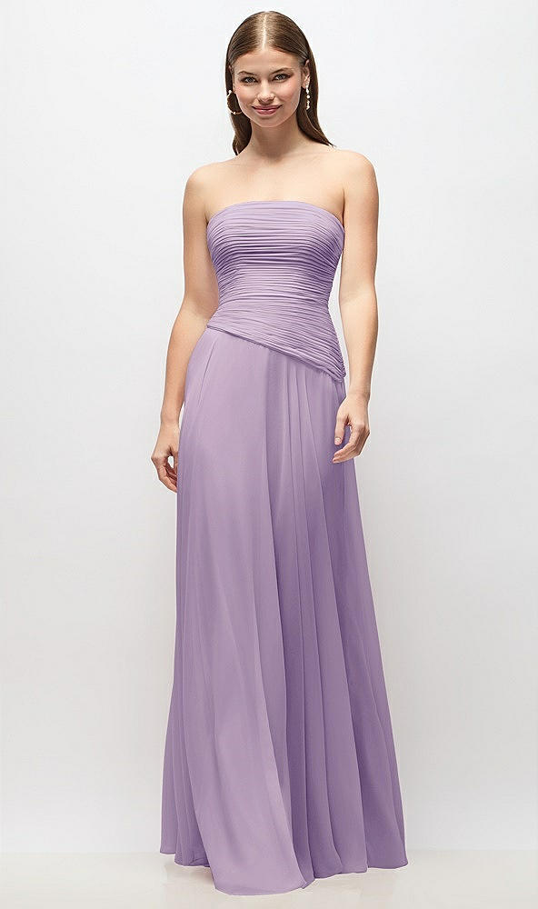 Front View - Pale Purple Strapless Chiffon Maxi Dress with Asymmetrical Ruched Drop Waist