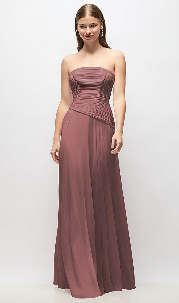 Front View - Rosewood Strapless Chiffon Maxi Dress with Asymmetrical Ruched Drop Waist