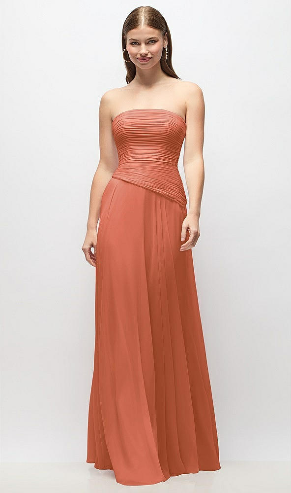 Front View - Terracotta Copper Strapless Chiffon Maxi Dress with Asymmetrical Ruched Drop Waist