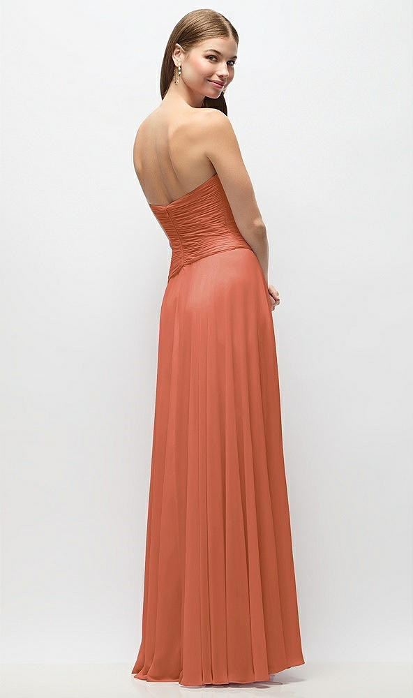 Back View - Terracotta Copper Strapless Chiffon Maxi Dress with Asymmetrical Ruched Drop Waist