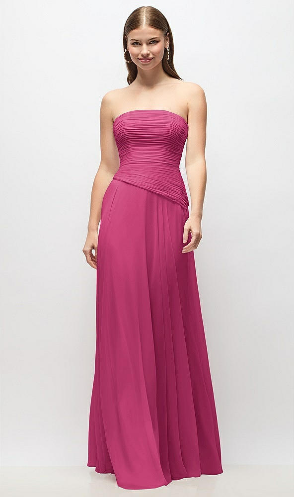 Front View - Tea Rose Strapless Chiffon Maxi Dress with Asymmetrical Ruched Drop Waist