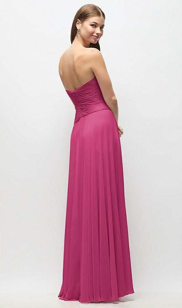 Back View - Tea Rose Strapless Chiffon Maxi Dress with Asymmetrical Ruched Drop Waist